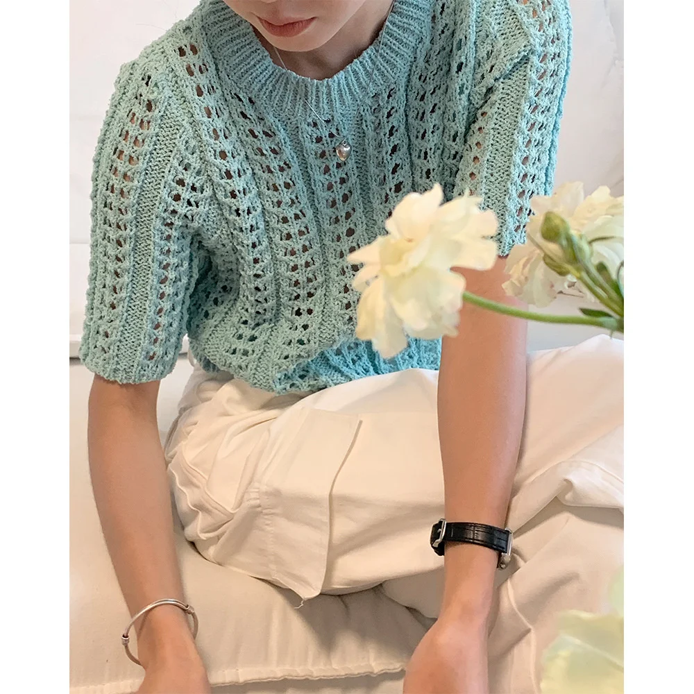 

Short Sleeve Hollow Out Knitwear For Women 2023 Summer New Korean Round Neck Solid Color Crop Top For Women