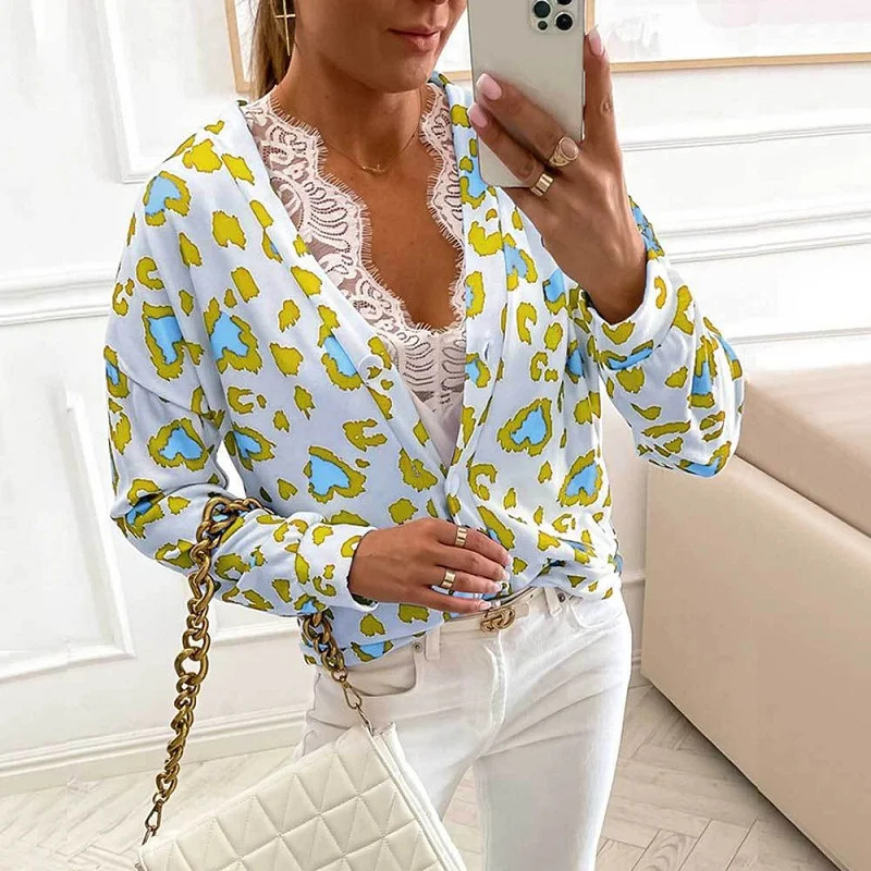 Autumn Fashion Elegant Casual Single Breasted Office Top V Neck Long Sleeve Blouses New Print Loose Street Tops Shirt Streetwear