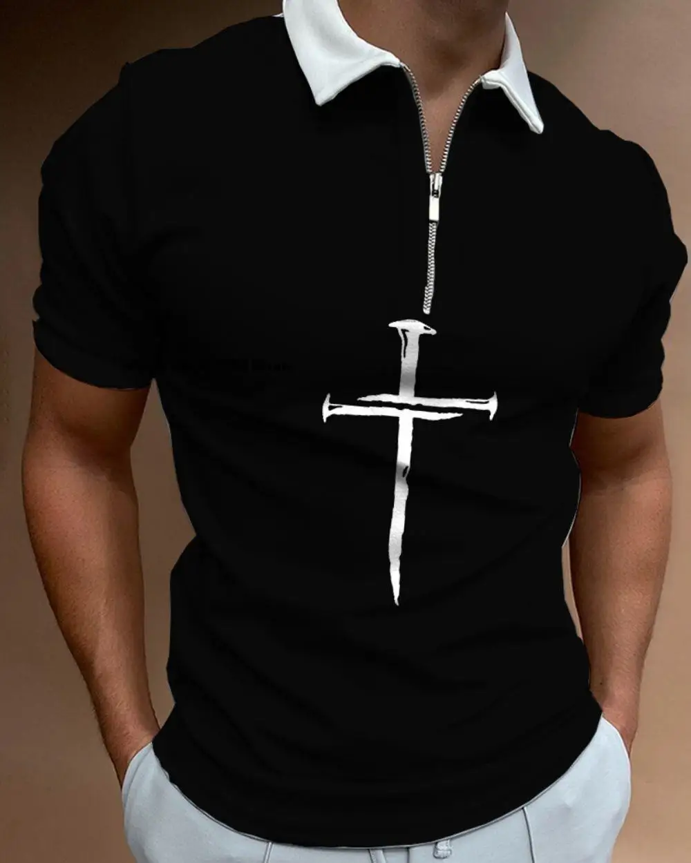 

Men Short Sleeve Polo Shirts Casual Turn-down Collar Zipper Design Harajuku Male Clothing Tops Summer Fashion Vintage Pullover
