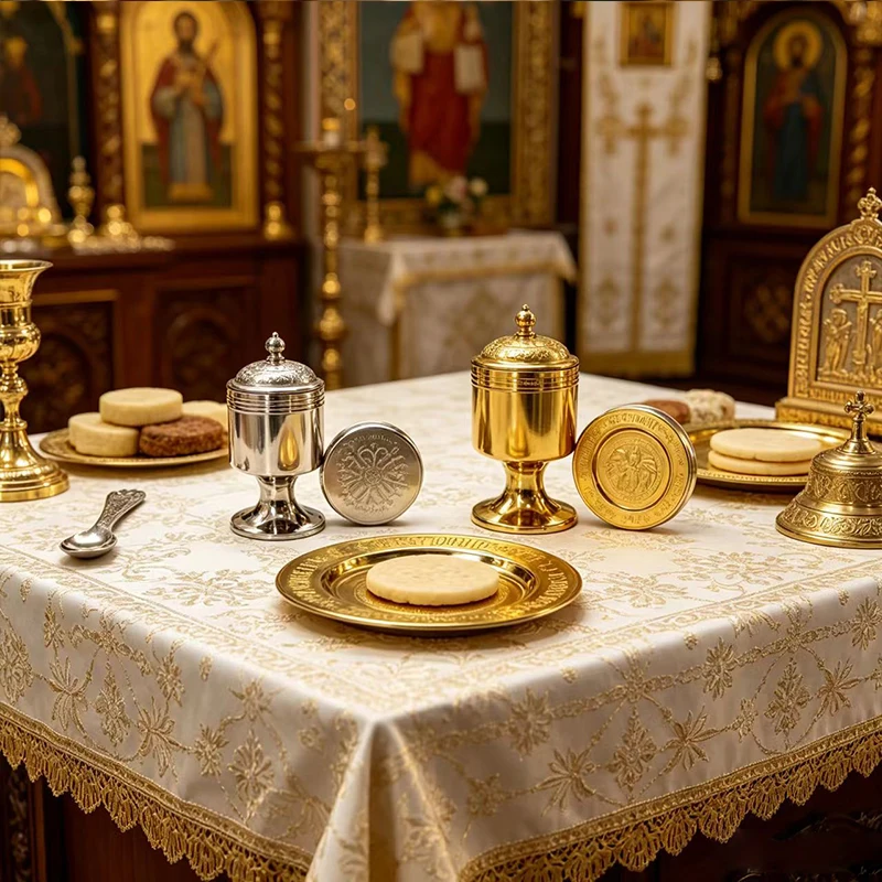 Фото Православный алтарный набор: золотая и серебряная металлическая икона, чаша для святого масла с ложкой для церковных принадлежностей, византийский религиозный подарок. №3