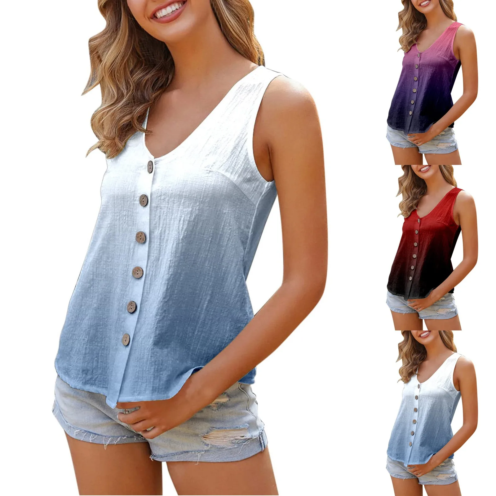 

2022 New Summer Button Loose Tank Tops Casual Gradient Color Women V Neck Sleeveless Blouse Shirt Beach Vocation Vests Woman