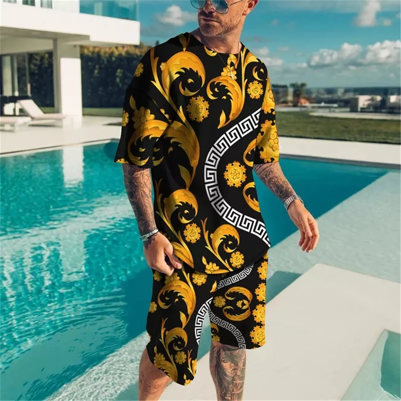 Men's Summer Oversized Short Sleeved T-shirt 2-Piece Casual Tracksuits Set Hawaiian Shorts Sports Suit Holiday Jogging Clothes