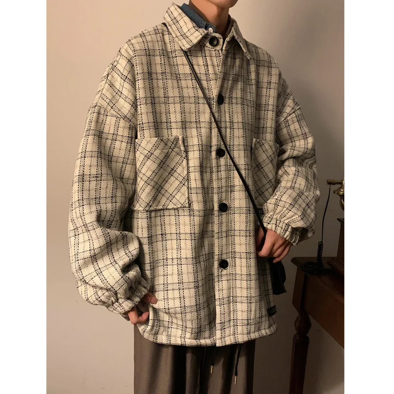 Winter Jacket Men Warm Fashion Retro Thicken Plaid Jackets Men Streetwear Korean Loose Thick Short Coat Mens Outwear M-2XL