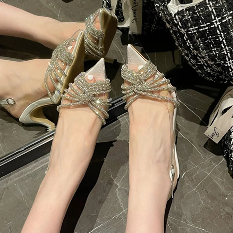 

2022 Women Pumps Sandals Summer New Pointed Toe Casual Slides Luxury Rhinestones Female Shoes Outside Mules Ladies High Heels