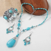2022 new fashion blue stone bracelets for women boho ethnic alloy vintage silver natural stone bracelet wedding jewelry sets