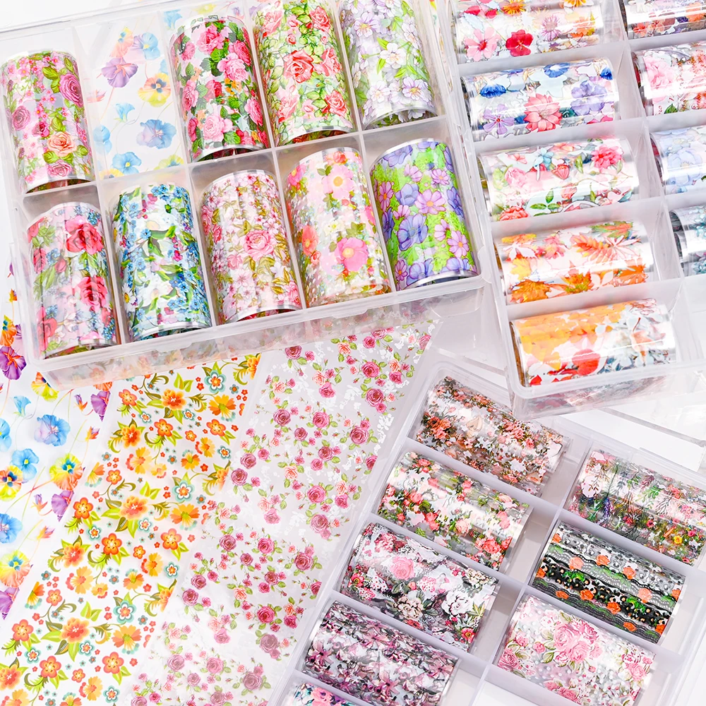 

10Rolls/Box Laser Nail Foils Leopard Pattern Transfer Stickers Flowers Nail Decals Wraps Holographic Starry Paper Slider Decals