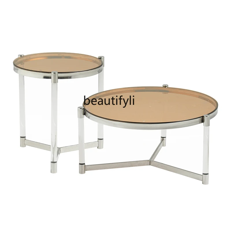 

yj Minimalist Living Room Coffee Table Stainless Steel Glass round Table Acrylic High-Grade Suspension Modern Side Table