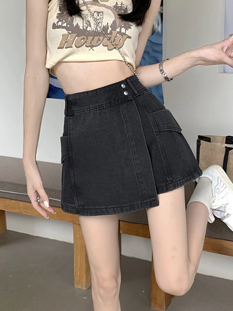 Streetwear Women High Waist Loose Retro Denim Shorts Skirts Spring Summer Women Asymmetrical Button Jeans Shorts