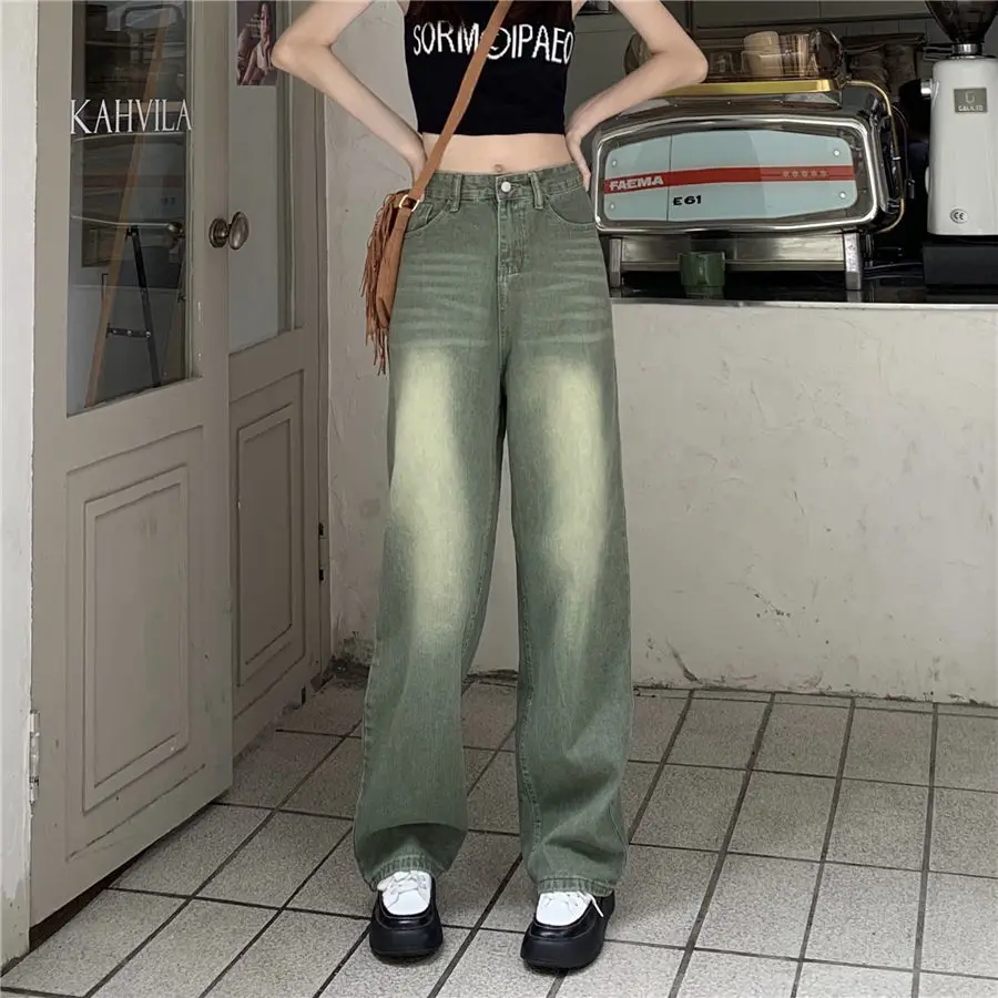 Streetwear Fashion Women Green Jeans Spring Autumn Vintage Versatile Pants New High Waist Wide Leg Loose Female Casual Trousers