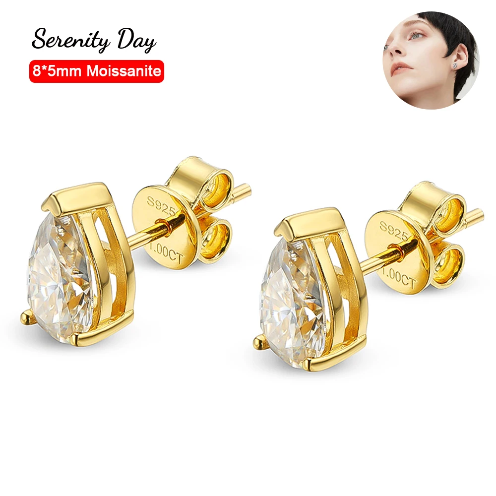 

Serenity Day Classic S925 Sterling Silver Plate 18K Gold Ear Stud Inlaid D Color 5*8mm Pear Moissanite Earring For Women Jewelry