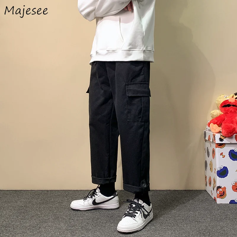 

Casual Cargo Pants Men Solid Loose Fashion Korean Style Students All-match Spring New Elastic Waist Pockets Design Popular Ins
