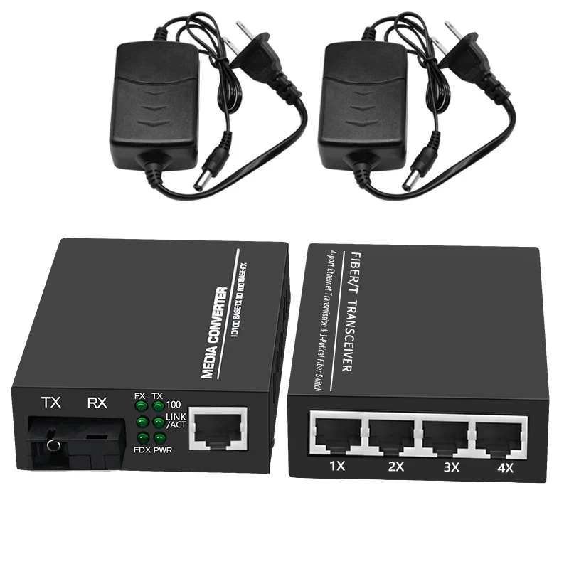 4 Port RJ-45 Gigabit Ethernet to WDM SC Single Mode Fiber Media Converter Built-in Moduleto UTP Cat5e Cat6 100M AutoSensing Set