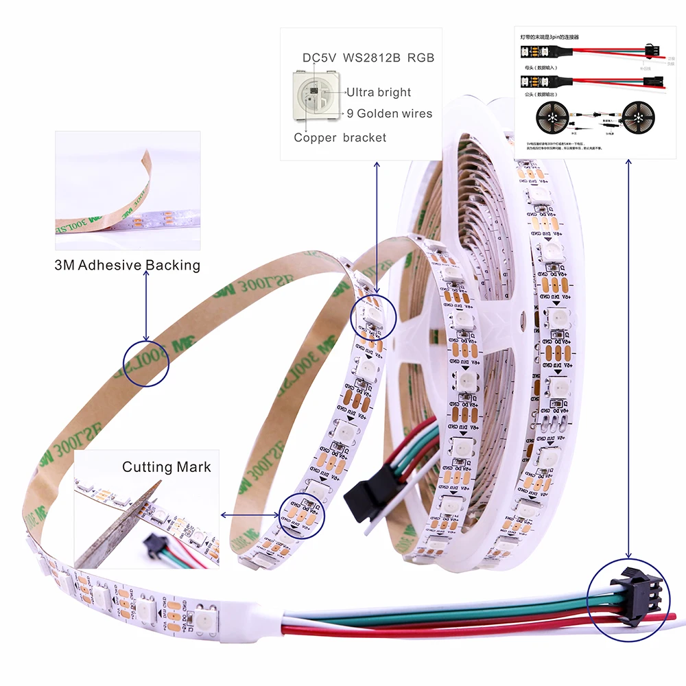 Фото DC5V WS2812B Светодиодная лента 30/60/74/96/144 светодиодов Smart RGB Pixel Strip Черная/белая печатная плата IP30/65/67 WS2811 IC Led Light 1 м/2 м/3 м/4 м/5 м №3
