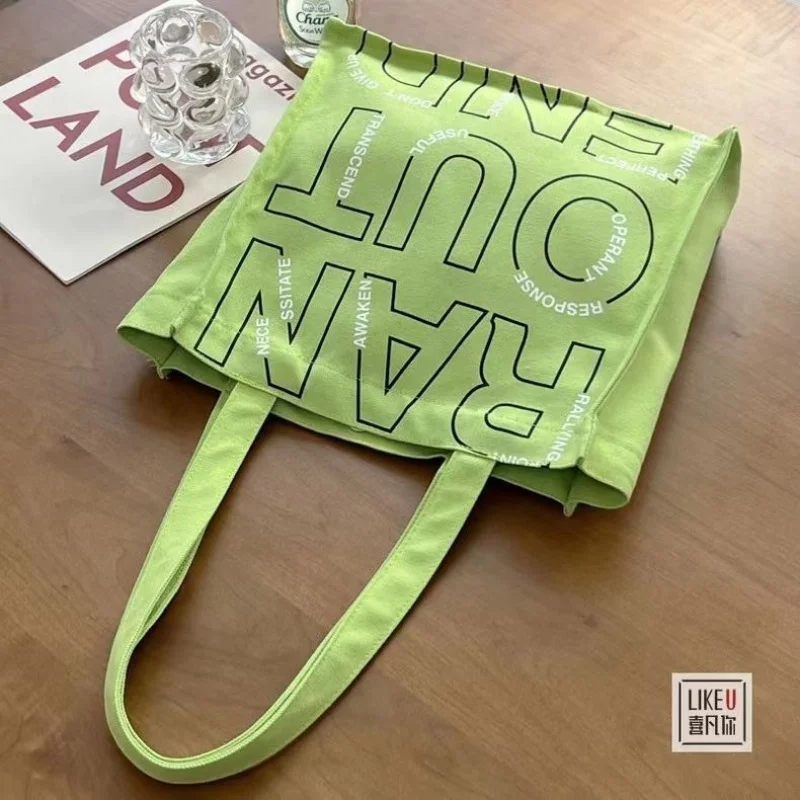 Green Korean Style Ins Spring Green Letter Canvas Shoulder Bag Students Portable Canvas Tote Bag Shopping Bag