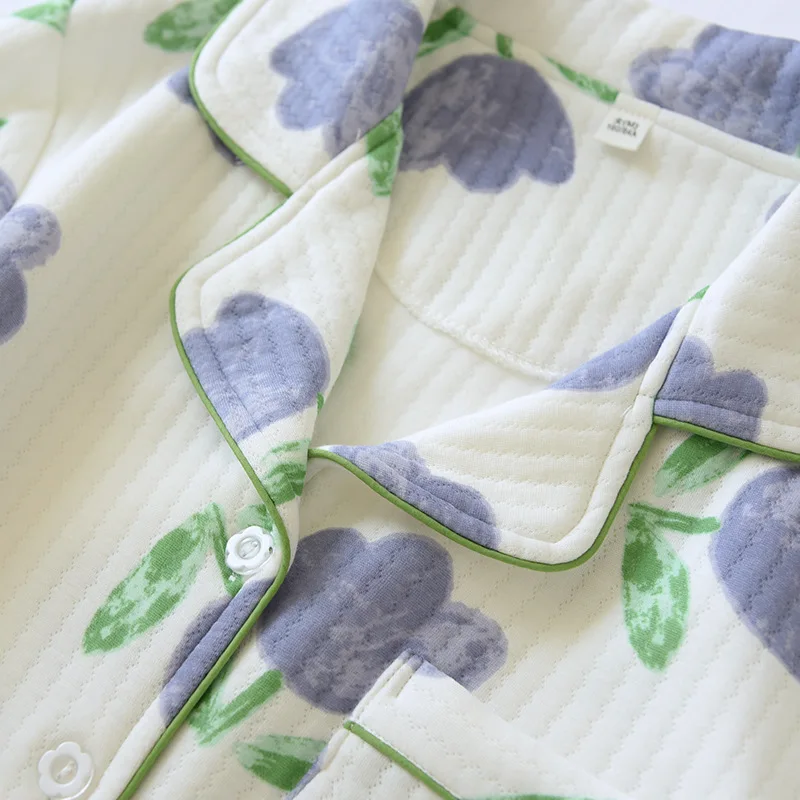 Thickened Women's Pajamas Long-sleeved Trousers Two-piece Lapel Flower Cotton Quilted Homewear Suit Pajamas