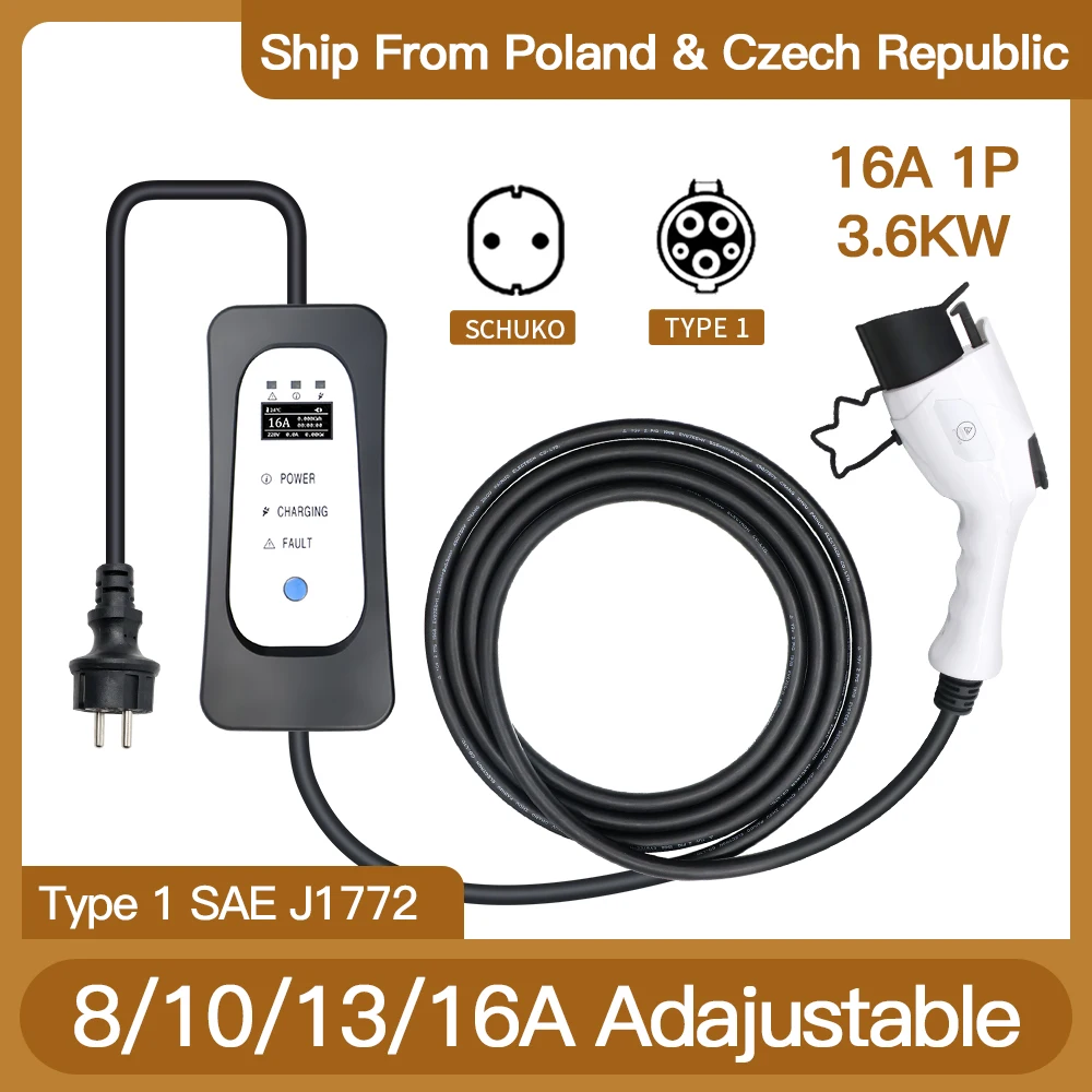 

16A 3.6KW Portable EV Charger for Type 2 IEC 62196 and J1772 Type 1 Electric Vehicles 8A 10A 13A Adjustable Home Use with Schuko