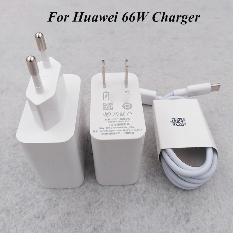 

Зарядное устройство для Huawei P50 P40 P30 Pro, 66 Вт, ЕС/США, суперзарядный адаптер 6A, кабель USB Type-C для Huawei Mate 40 30 Pro Nova 9 8 Magic 3