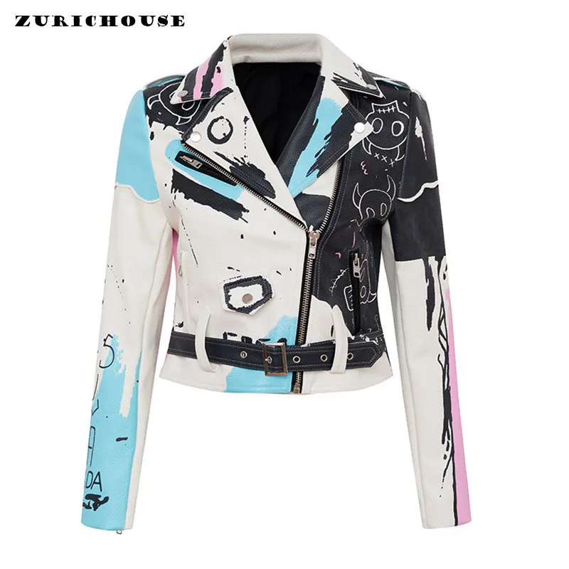 ZURICHOUSE Punk Rock PU Leather Jacket Women Short Slim Personality Hit Color Graffiti Print Outwear Locomotive Coat Female