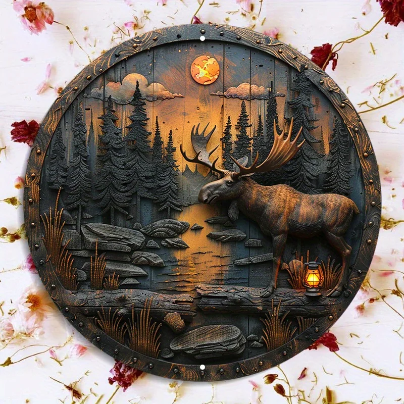 Алюминиевый настенный знак с лосями и фонариками