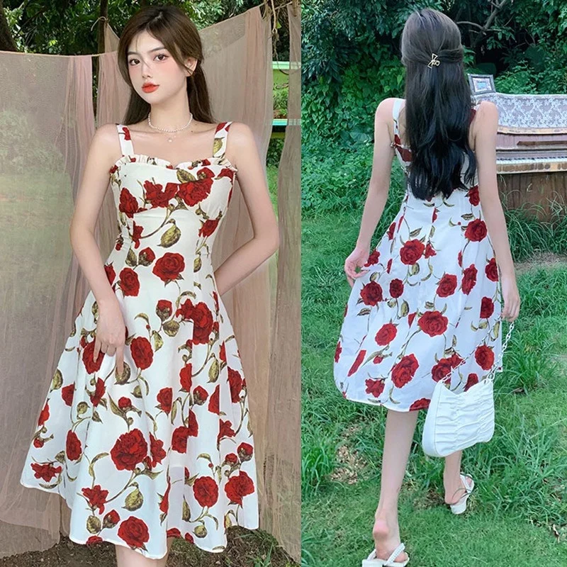 

Женское Цветочное платье без рукавов, милое платье средней длины на бретелях