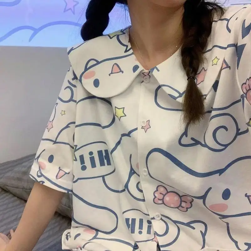 

Пижама Sanriod в стиле аниме Cinnamoroll, женский летний кардиган с кукольным воротником и короткими рукавами, милая Домашняя одежда, можно носить на...