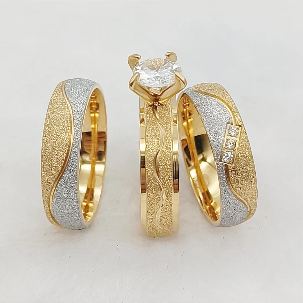 

Designer Frosted 3pcs Anniversary Couples Wedding Engagement Rings Sets Bride and Groom 18k Gold Plated Jewery