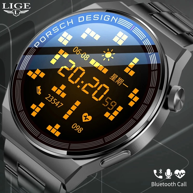 

LIGE AMOLED Smart Watch Men Bluetooth Calling Business Watches For Men HD Full Touch Screen IP68 Waterproof Sports Fitness Clock