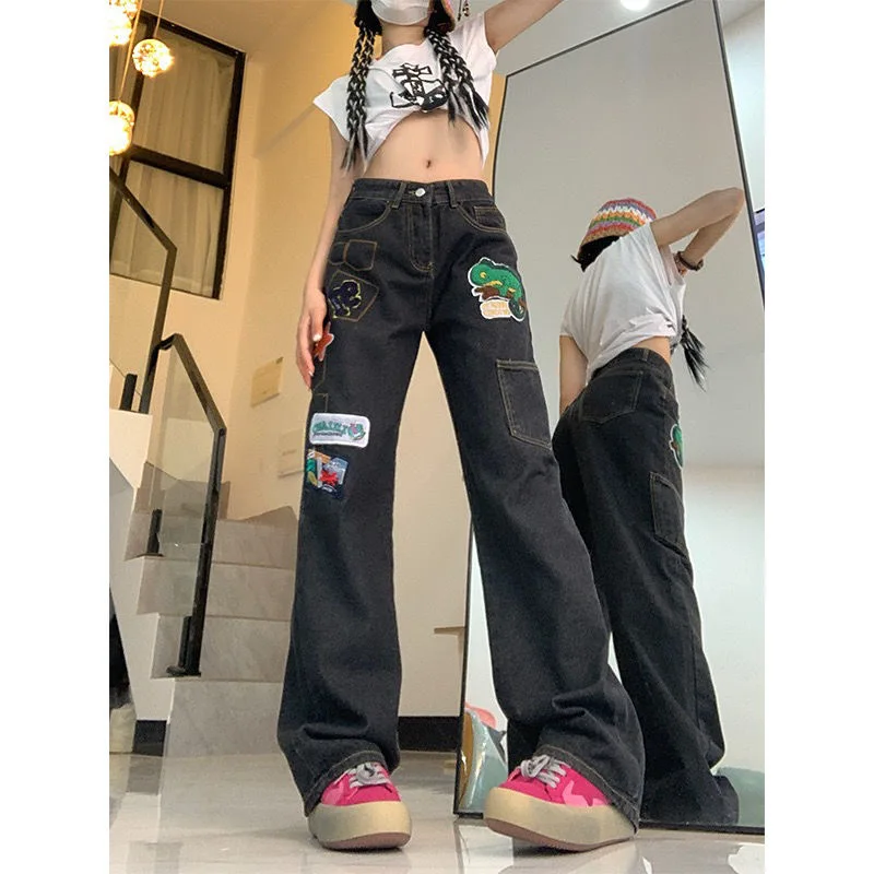 

Long Embroidered Animal Baggy Jeans Woman Retro Brown Trousers Fashion Couple Denim Jogging Pants High Waist Straight Old Jean