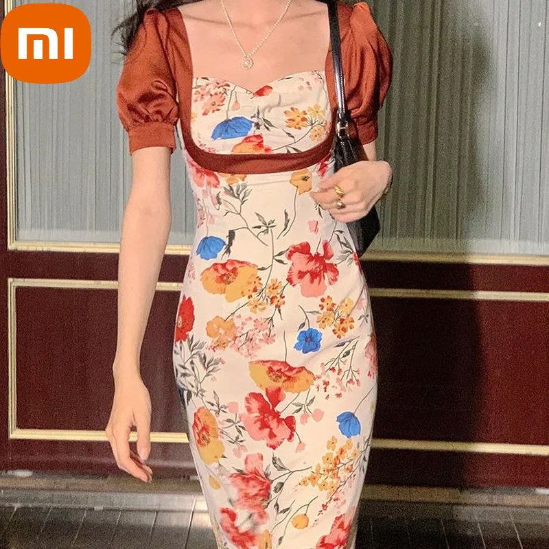 

Xiaomi Vintage France Elegant Floral Dress Ladies Casual Beach Evening Party Midi Dress Print Retro Korean Summer Women Clothing