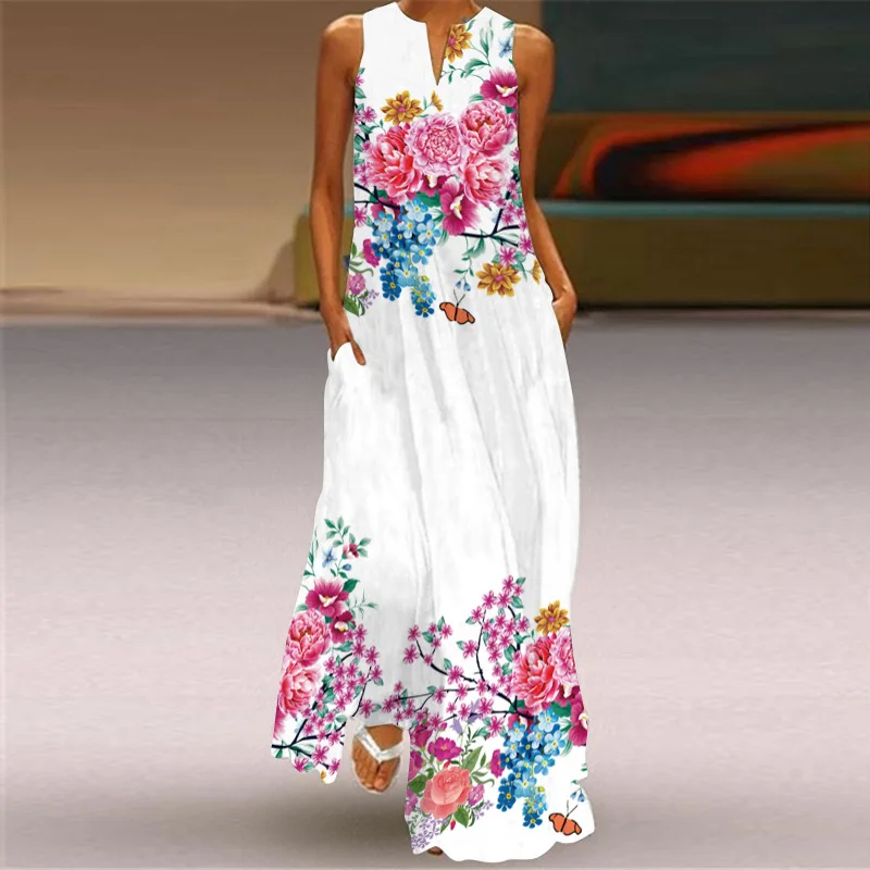 

Vintage Floral Print V-Neck Sexy Long Dress Women Sleeveless Tunic Tank A Line Loose Summer Dress Female Party Beach Maxi Dress