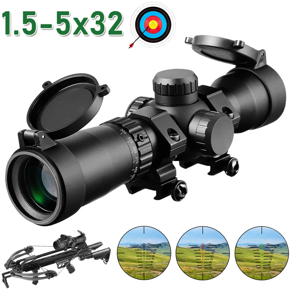 1.5-5X32 Tactical Crossbow Scope 100 Yards Range Finder Sight Red Green Dot Glow Optical Reticle Hunting Riflescope for 11/20 mm