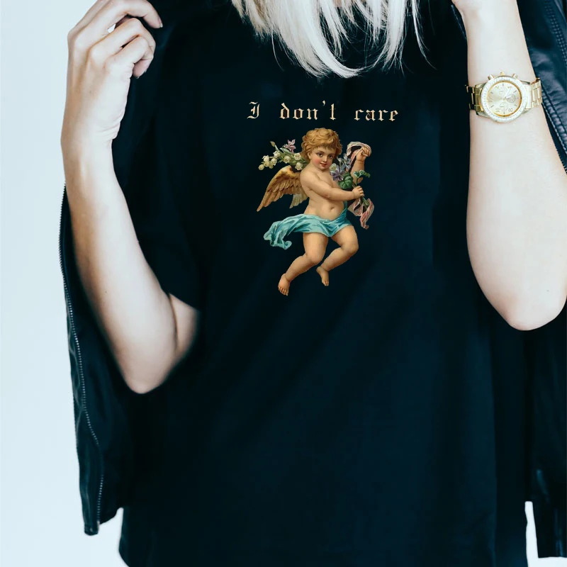 

I Dont Care Angel Cherub Graphic Tee Gothic Style Cool Grunge Harajuku Hipster Tumblr Ulzzang Unisex Women T-Shirt Hot Sale
