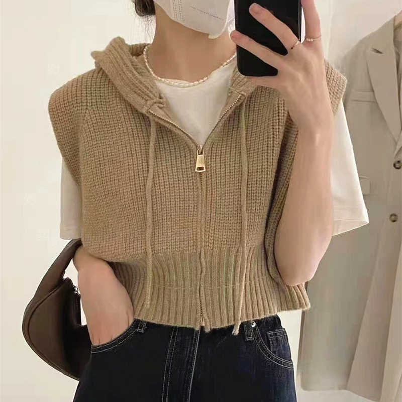 

Модный женский кардиган в Корейском стиле, Свитера с капюшоном на молнии, осенние свободные Вязаные Короткие топы, зимняя одежда 24128