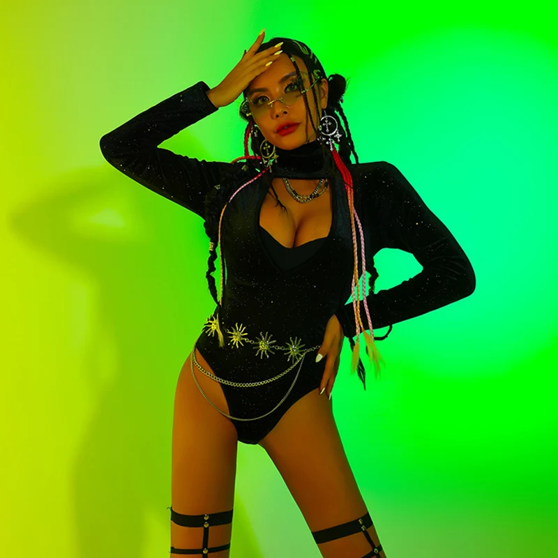 

Sexy Hollow Out Bodysuit Club Bar Gogo Dancer Stage Outfit Dj Ds Rave Clothing Drag Queen Costume Black Sequins Jumpsuit DL10210