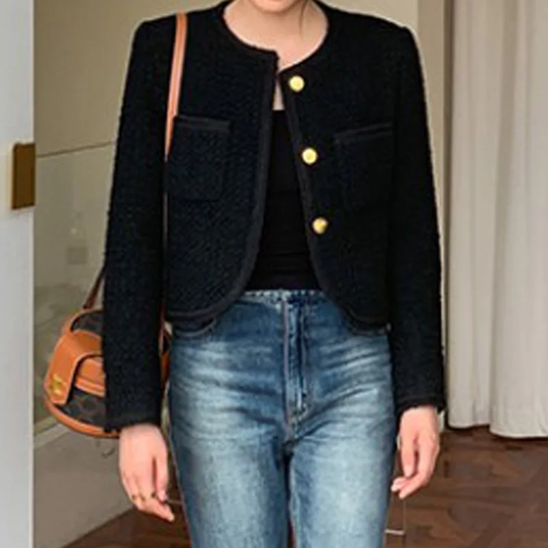 

Long-Sleeved Women'S Spring Loose Temperament Round Neck Single-Breasted Pocket Comfortable Solid Color Fashion Wild Small Coat
