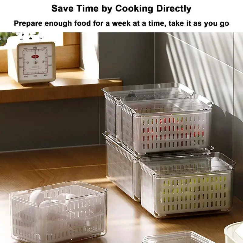 

Double Layer Vegetable Sealed Keeper Fresh Storage Box With Drain Basket Draining Crisper Strainers Container For Washing Fruit