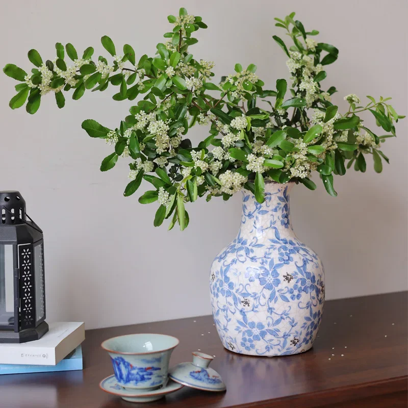 

French Country Hydroponic Flower Device, Blue and White Porcelain Vase, Retro Ceramic Vase, Old Crack Flowers, Room Decor