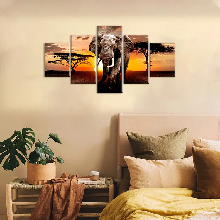 

5 Pieces Canvas Wall Modular Wildlife Elephant Poster Canvas Painting Wall Art Posters Prints for Living Room Decor Home Decor
