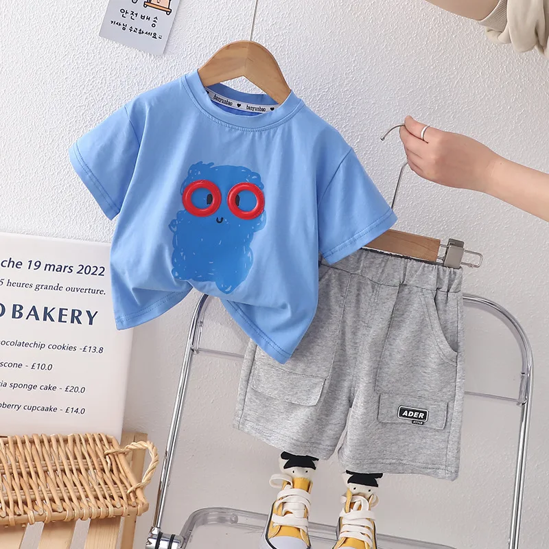 

Baby clothing loungewear Children"s Sets popular cute with glasses pattern short-sleeved denim shorts 2PCS