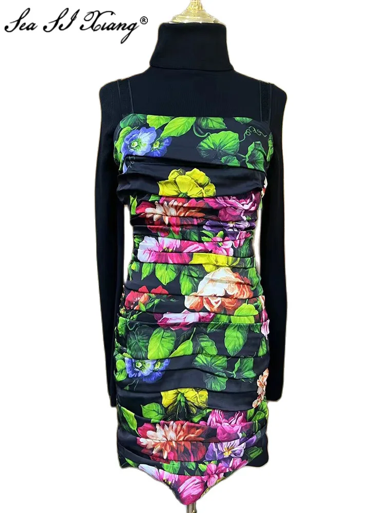 Seasixiang Fashion Designer Autumn 100% Silk Dress Women Spaghetti Strap Backless Flower Print Pleated Elegant Party Slim Dress