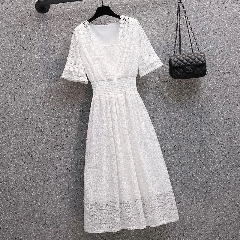

Women Summer Office Lace Knee-length Dress Elegant Square Collar Short Sleeve Casual Plus Size Fashion Black White Slim Vestidos