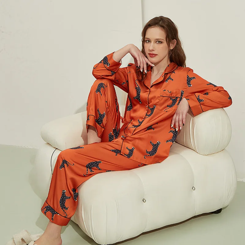 Autumn Winter Women 2-Pieces Pyjamas Elegant Animal Patterns Sleepwear Silk Satin Print Luxury Nightwear Homewear Set