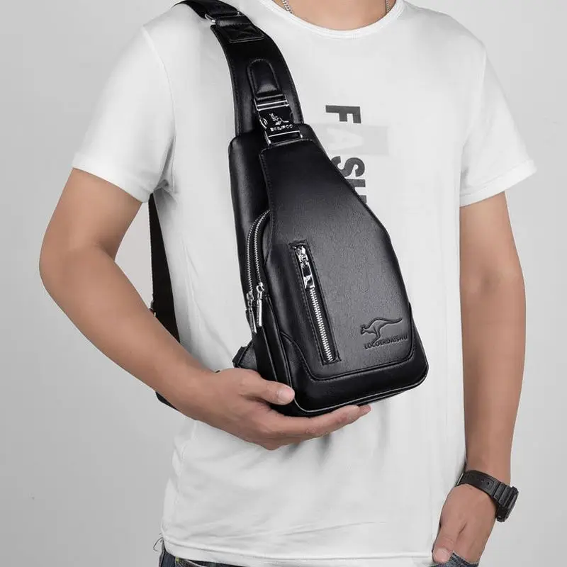 NEW  Men's Chest Bag Business Shoulder Bag PU Leather Handbag with USB Charging High-quality Retro Leisure Travel Shoulder Bag