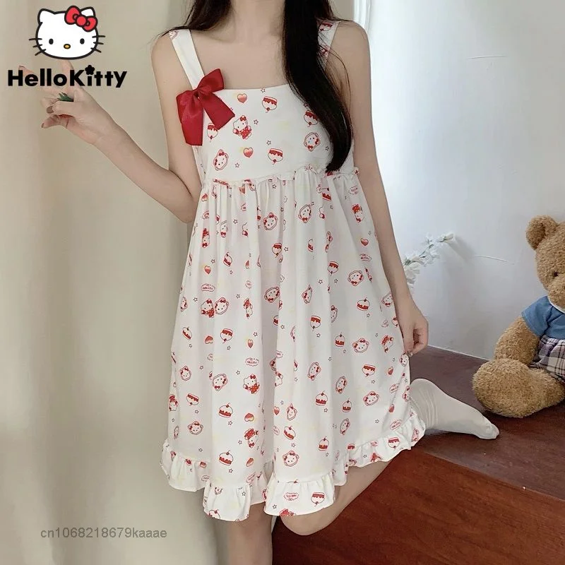 Sanrio Home Clothes Hello Kitty Suspender Nightdress Lolita Kawaii Dress Women Casual Nightgown Y2k Princess Dresses Can Outside
