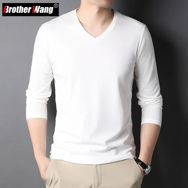 

Spring Men's Casual Solid Color Long Sleeve T-Shirt Mulberry Silk Fabric High Quality Business V-neck Bottoming Shirt Male Brand