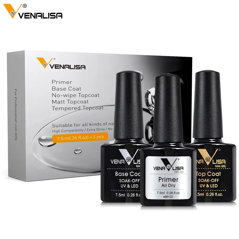 3 шт./комплект Venalisa Super Glossy Tempered Top Coat Primer Base Soak Off Gel Nail Polish UV LED Полуперманентные