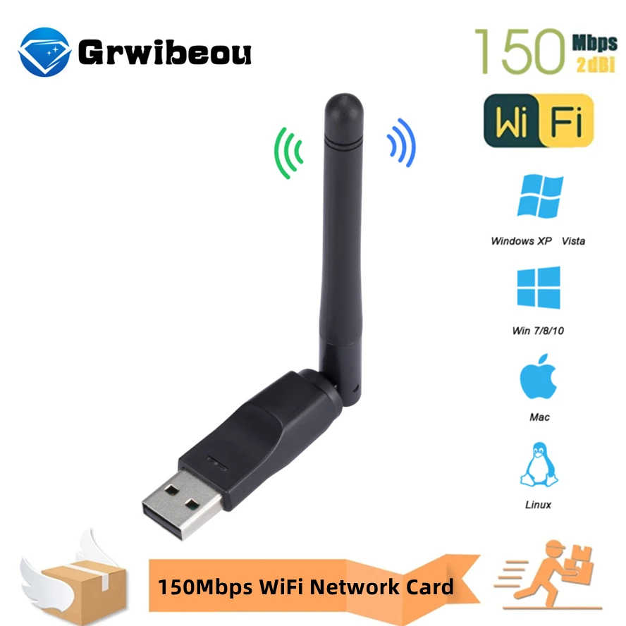 Фото Адаптер USB 2.0 2,4 ГГц, 150 Мбит/с, беспроводная сетевая карта Wi-Fi с антенной, набор микросхем 802.11 b/g/n Ralink MT7601 для портативных ПК, Windows №1