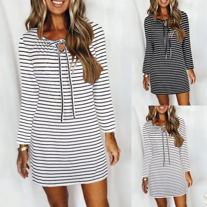 

2022 Women's Fall/Winter Drawstring Striped Long Sleeve Dress