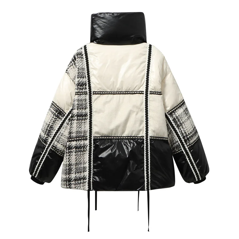2023 New Winter Puffer Jacket Women High Neck Patchwork Woolen Plaid Knitted Warm Stitching White Duck Down Thermal Bread Coats