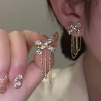 fashion long tassel bowknot crystal drop earrings for women shine rhinestone chain earrings statement jewelry gifts wholesale